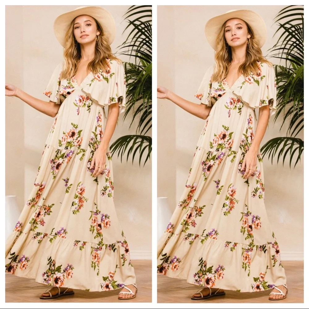 16 Most Fabulous Boho Chic Floral Flutter Sleeve V Neck Long Tier Maxi Dress - Picture 3 of 5